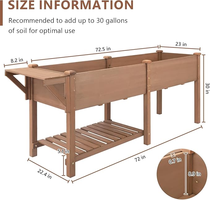 Raised Garden Bed with Legs OutdoorElevated Garden BoxStorage Shelf Protective Liner for BackyardPatioBalcony80x23x30in (Brown)