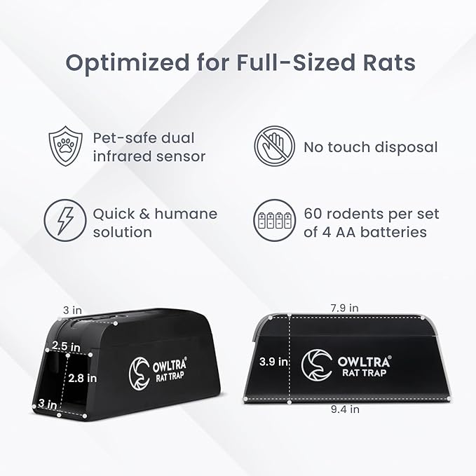 OWLTRA OW-1 Indoor Electric Rat Trap Instant Kill Rodent Zapper with Pet Safe Trigger Black Large