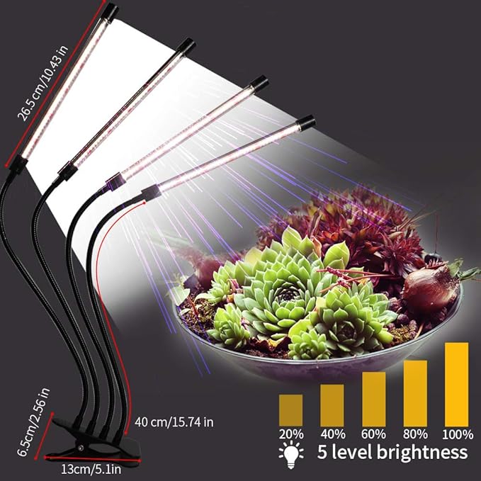 RUNAAJA Long Four-Head Clamps Plant Growth Light Succulent Plant Light LED Ground Insert Plant Light with Auto On/Off Timer 4H/8H/12H/18H Plant Grow Light