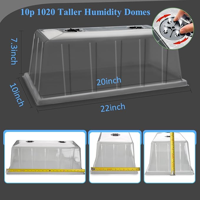 BTPLASTIK 10 Pack 7.3 High Humidity Domes for 1020 Seed Trays – Thicker Platic Clear Humidity Dome with Adjustable Vents BPA-Free Fits Standard 10x20 Trays for Germination Propagation Cloning