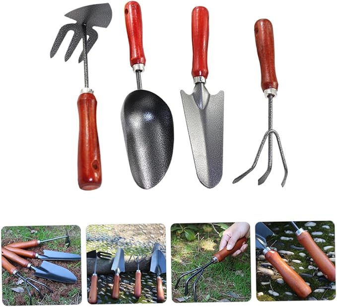 Garden Tool Set 4pcs Mini Gardening Shovel Hand Trowel Narrow Shovel Hand Rake Double-use Hoe with Scoop for Flower Planting and Soil Digging