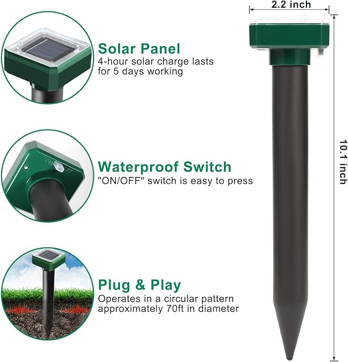 Mole Repellent Solar Powered 10 Pack Solar Mole Repellents Ultrasonic for Vole Snakes Gopher Waterproof Sonic Vole Deterrent SpikesSnake Gopher for Garden and Yard