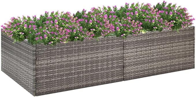 Large 61.8 Grey Rectangular PE Rattan Raised Planter Box with UV-Resistant Finish Drainage &amp Clear Inner Liner Durable Elevated Garden Bed for Patios Balconies and Backyards