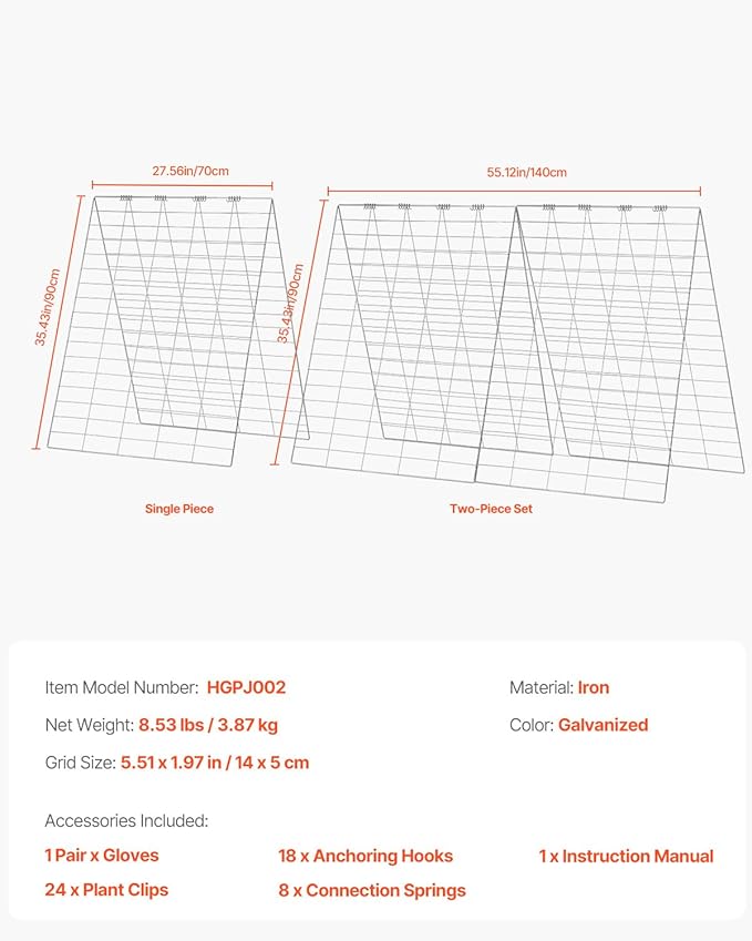 VEVOR Cucumber Trellis for Climbing Plants 35 H x 55 W Foldable Cucumber Trellis Set with Plant Clips Metal Garden Trellis for Raised Bed Outdoor Plant Grow Support for Tomato Vegetable(2 Pack)