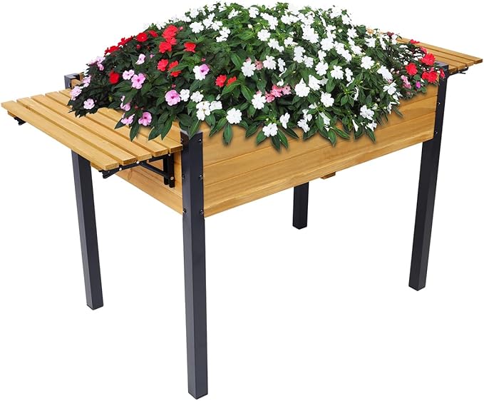 Raised Garden Bed Metal Leg Wood Planter Boxes with Folding Storage Shelf Elevated Planter Box for Growing Fresh Herbs Vegetables Flowers Great for Outdoor Patio Deck Balcony (Brown 52.7)