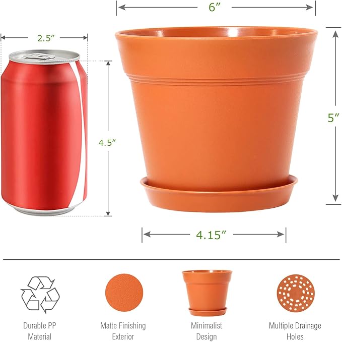 WOUSIWER 16 Pack 6 inch Plastic Planters Plastic Indoor Planter Flower Pots Heavy Duty and Stylish 6 Inch Plant Pots for Indoor Plants with Drainage Holes and Tray for Plants Flowers Terracotta