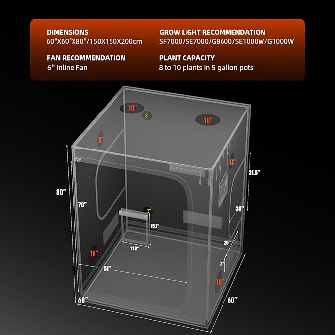 Spider Farmer 5x5 Grow Tent 2025 New 60x60x801680D Thicken Mylar Canvas with Hook for Controller and Power Strip Enlarged View Window for Indoor Hydroponic Growing for SF7000 SE7000 G7000