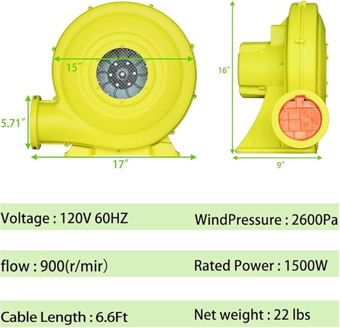 1500W (2HP) Air Blower Commercial Inflatable Bouncer Blower Perfect for Inflatable Bounce House Jumper Bouncy Castle…