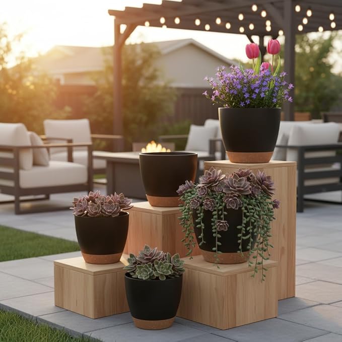LIFFY Plant Pots 87.576.565.55 Inch Plastic Self Watering Planters with Drainage Holes &amp Saucers 7-Pack Black Nursery Planting Pot with Deep Reservoir for Indoor Outdoor Plants