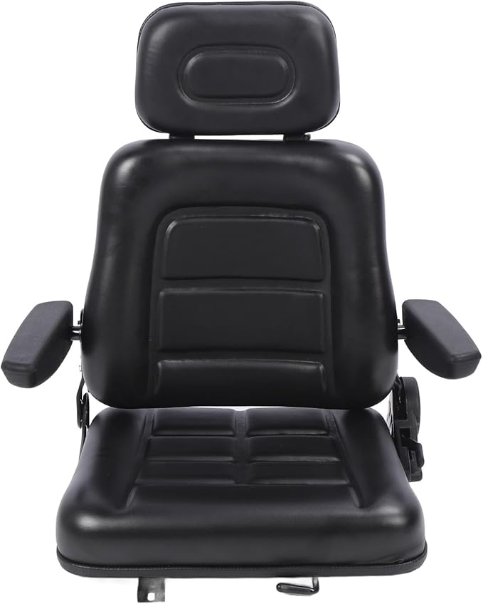 Generic Lawn Mower Fit for Seat Comfortable PVC Leather Universal Forklift Fit for Seat with Multi Angle Adjustment for Tractors Telehandler Backhoe Black (With armrest)