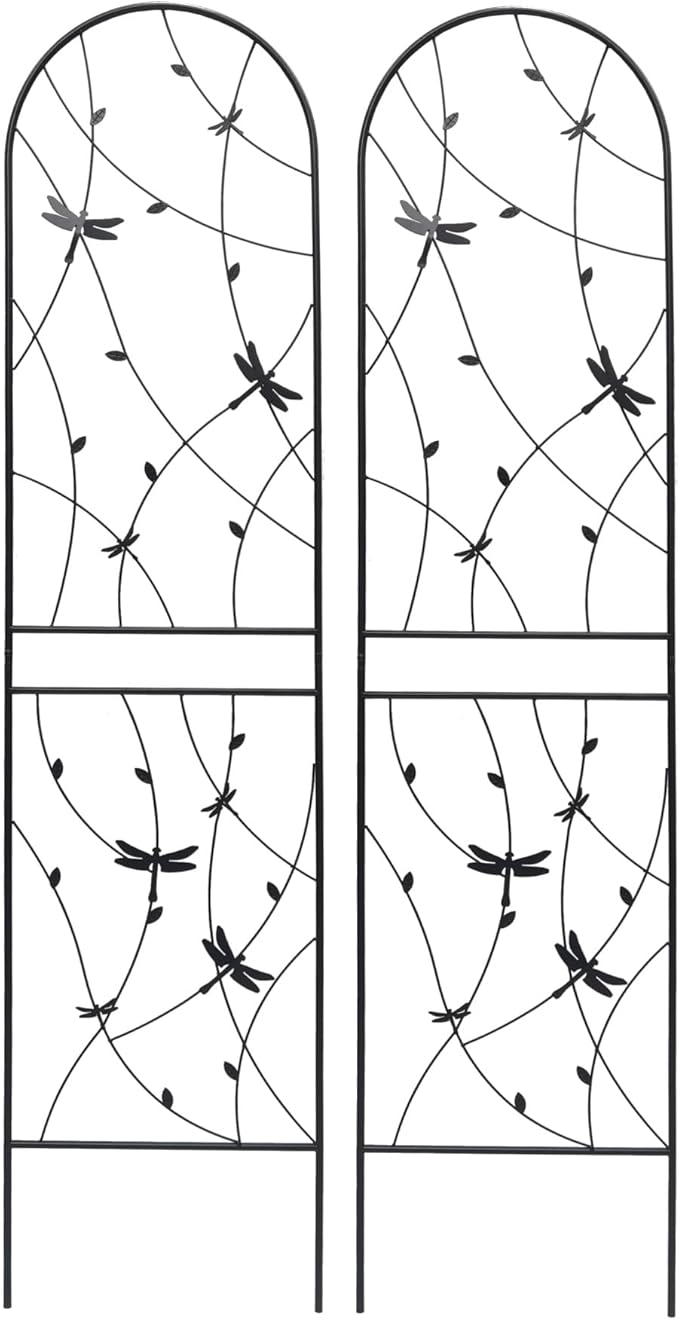 2/4 Pack Metal Garden Trellis for Climbing Plants Outdoor Flower Support Black with Dragonfly Deco Plant Support for Garden Patio Practical(2 Pack-H86'')