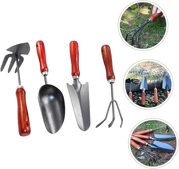4pcs Mini Garden Tool Set with Extended Narrow Spade Triple-Claw Rake Dual-use Pointed Hoe Soil Scoop for Planting and Flower Gardening