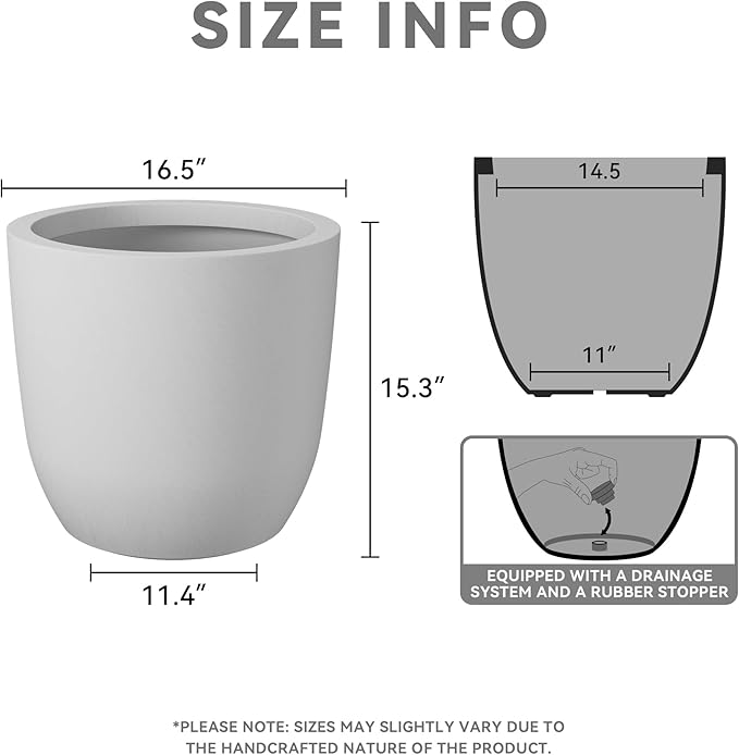 Kante 16.5 Dia Round Concrete Planter Large Outdoor Modern Indoor Decorative Plant Pots with Drainage Hole and Rubber Plug for Home and Garden Pure White