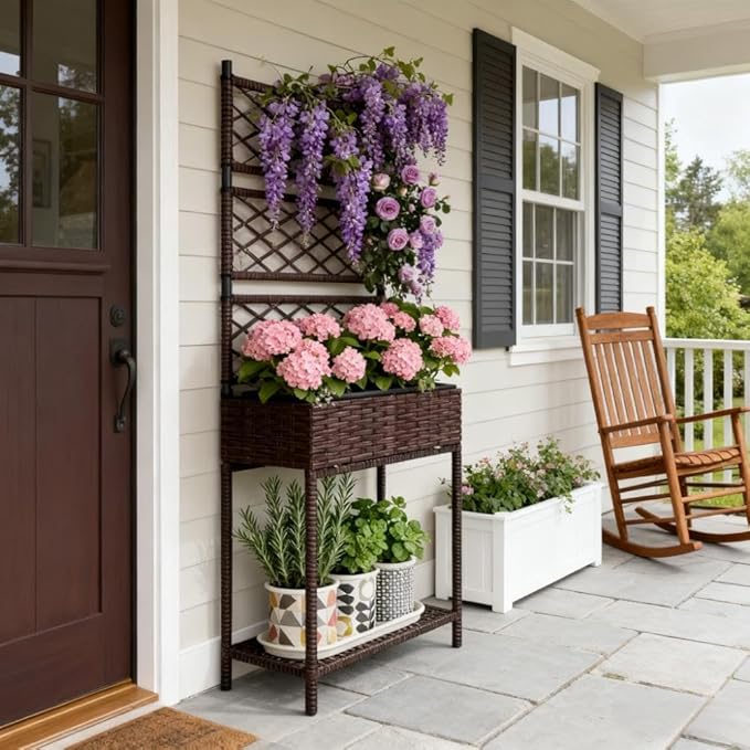 Freestanding Rattan GBoxOutdoor Wicker Planter with for Climbing Plantswith Storage Shelf