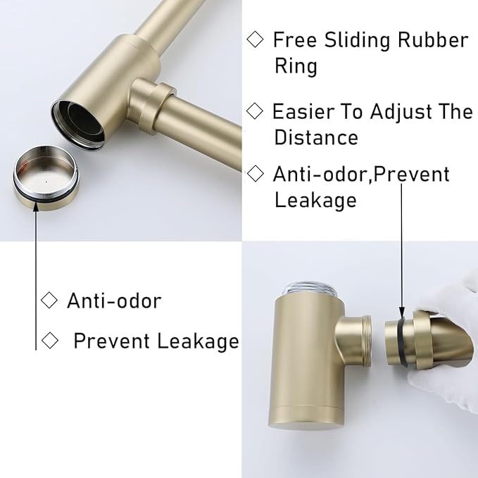 RANDOM Brushed Gold Brass Round Bottle P Trap Kit with Pop Up Drain Stopper without Overflow.RD83888BG-L-S8