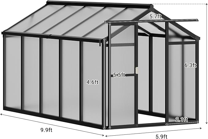 6X10 FT Greenhouse Polycarbonate Garden Greenhouse for OutdoorsAluminum Frame Green House with Lockable Door and Adjustable Roof Vent Ideal for Backyard Patio and Outside Growing