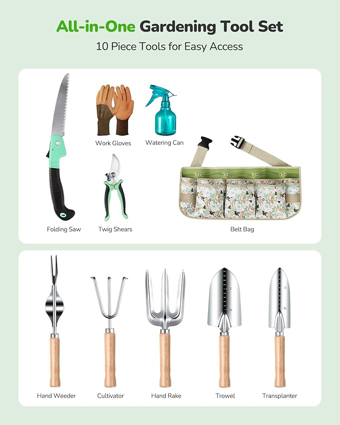 All-in-One Garden Tool Set with Tools Organizer Belt Adjustable 10-Piece Gardening Hand Tools Long Lasting Rust-Proof Premium Garden Tool Kit Gardening Gift for Women Men (Green)