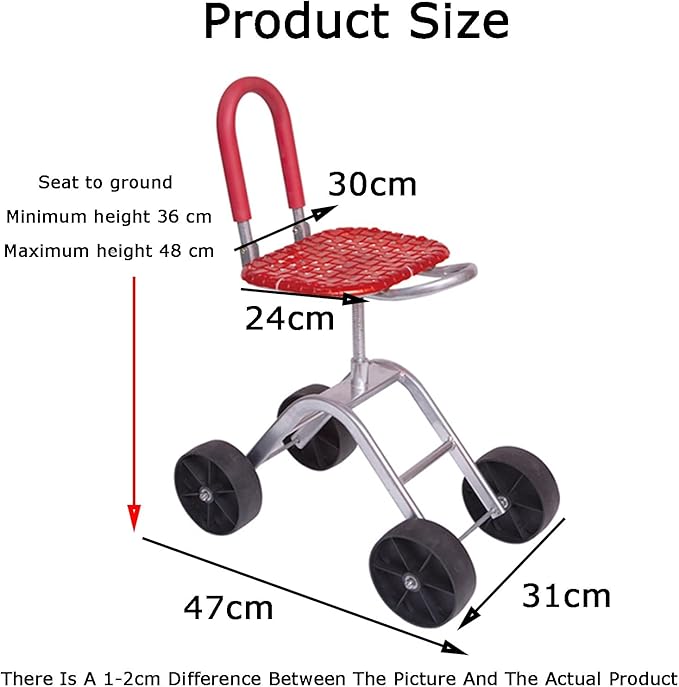 Garden Stool with Wheels2/3/4 Wheels Rolling Seat Cart Bearing 150kgAdjustable Height 36-48cmfor Outdoor Lawn Yard(Red4 Wheels)