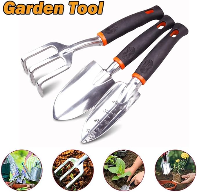 SagaSave 3 Sizes Optional Aluminum Garden Tool Set Heavy Duty Hand Garden Tools Kit Ideal for Outdoor Garden Hand Tools Women and Men(3X Garden Tools)