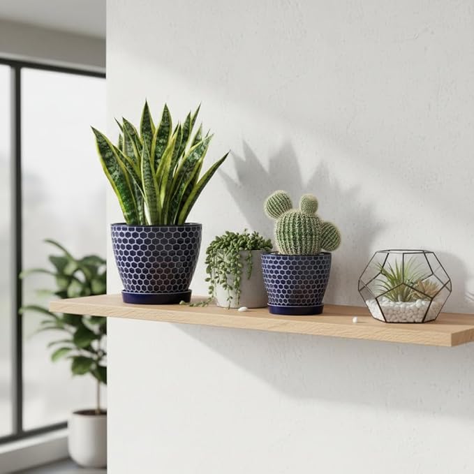 Docrin Blue Honeycomb Ceramic Plant Pot Set - 6.6+5.5 Inch Modern Decorative Planters with Drainage Holes &amp Saucers for Indoor/Outdoor Home Office
