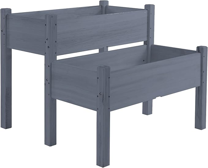 34x34x28 Raised Garden Bed 2 Tier Elevated Wood Planter Box for Backyard Patio to Grow Vegetables Herbs and Flowers Gray