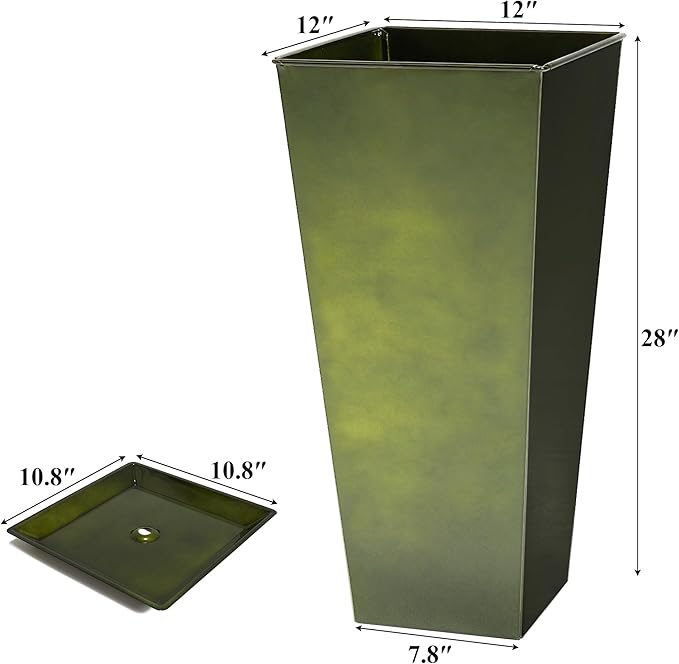 Worth Garden 28 Large Metal Glazed Planter Set of 2 Luxurious Glossy Finish Green Tall Square Tapered Steel Plant Pots Decor Flower Pot Indoor &amp Outdoor Drainage Hole &amp Dual-Purpose Plant