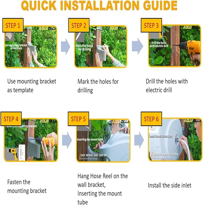 Retractable Garden Hose Reel 5/8 in 100+6 ft Heavy Duty Wall Mounted Water Hose Reel Spring Power Automatic Rewind Any Length Lock 180° Swivel Bracket 10 Pattern Spray Nozzle