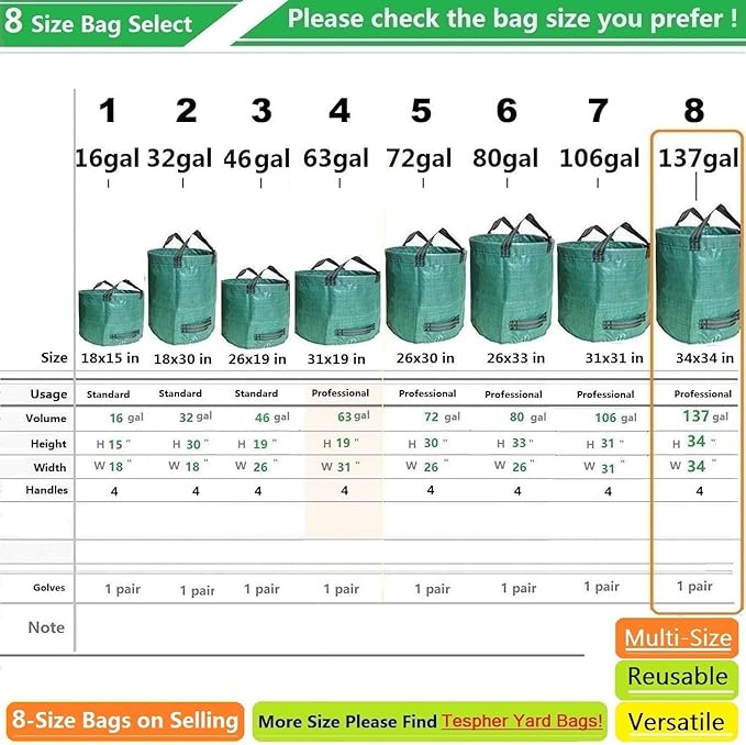 Professional 2-Pack 137 Gallon Lawn Garden Bags Large (D34H34 inch) Yard Waste Bags with Gardening Gloves Big Leaf BagYard DebrisWaste ContainerLawn Trash BinGrass ClippingsWeeds Bags 4 Handles