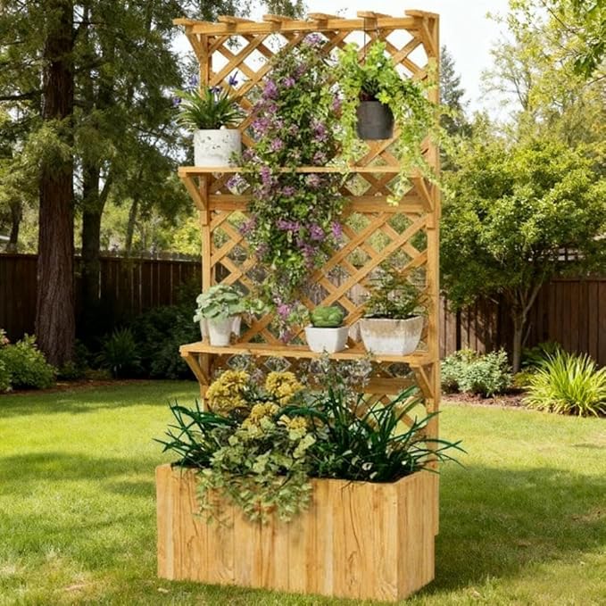 Wooden PlanterRaised Garden Bedwith Trellis Hanging Roof Plant Shelf Drainage Holes and Bed Liner