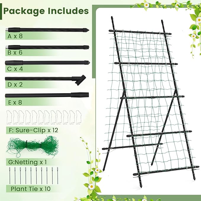 Giantex Cucumber Trellis Trellis for Climbing Plants Outdoor Garden Trellis w/Netting PE-Coated Metal Clips Plant Support for Flower Vine Grape Vegetable Fruit Adjustable Shape 31x 26x74