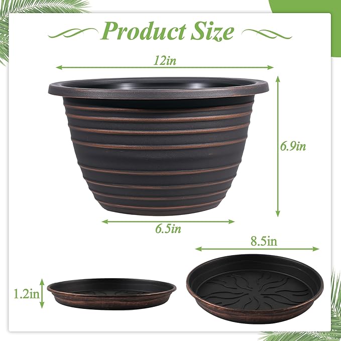 12 Inch Plastic-Flower Pot-for-Indoor Plants 3 Pack Large Planters for Outdoor Plants with Drainage Holes &amp Saucers Retro Antique Imitation Decorative Garden Pots Planters