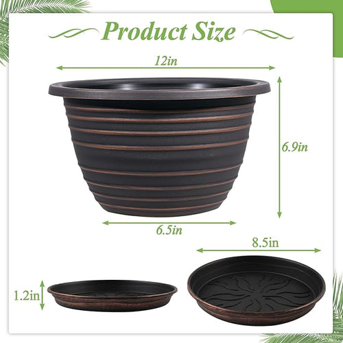 12 Inch Plastic-Flower Pot-for-Indoor Plants 3 Pack Large Planters for Outdoor Plants with Drainage Holes &amp Saucers Retro Antique Imitation Decorative Garden Pots Planters