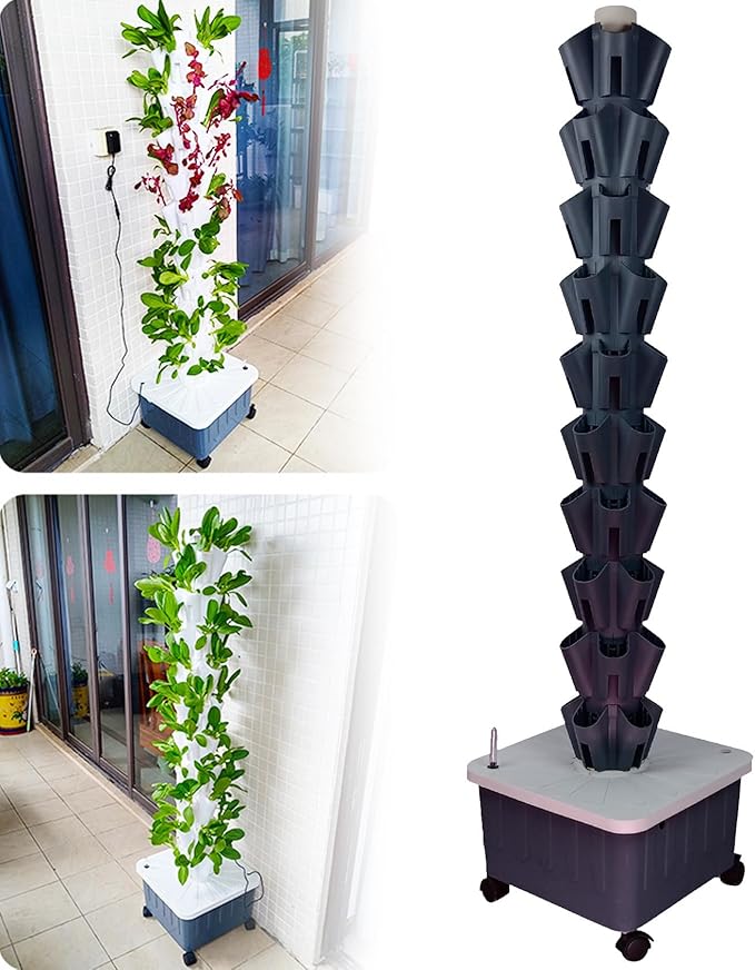Hydroponics Tower Indoor Growing Vertical Garden Planter Indoor Smart Garden Kit Garden Hydroponic Growing Vertical Tower for Fruits and VegetablesGrey-12floors