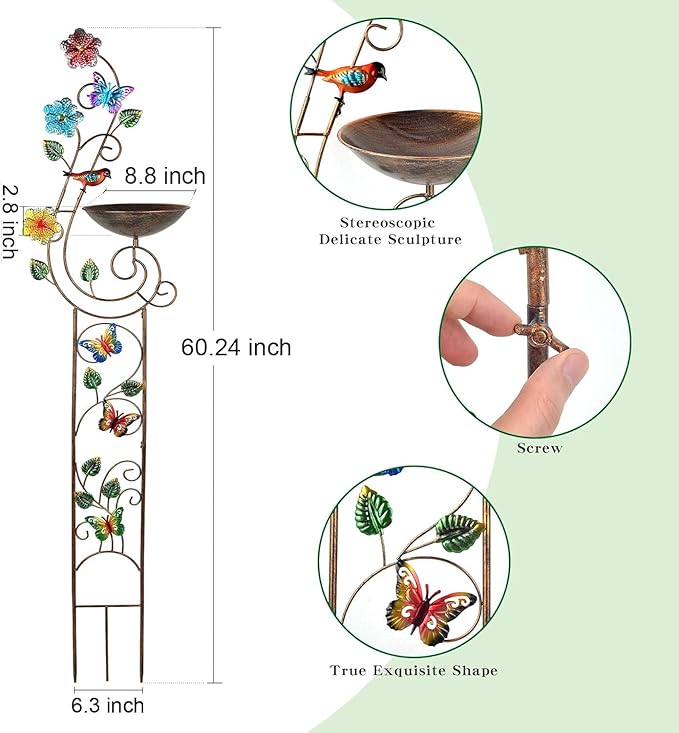 57” Bird Bath with Garden Trellis for Climbing Plants Outdoor Small Decorative Trellises Metal Birdbath Bird Baths 1 Piece (Butterfly)