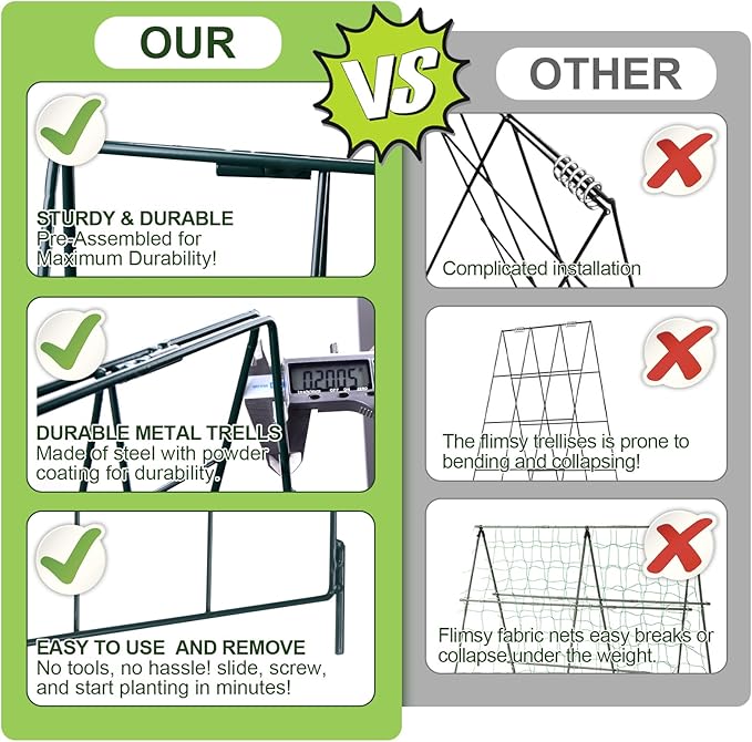 Heavy Duty 48x16 Adjustable A-Frame Cucumber Trellis for Climbing PlantsiGreely Foldable Frame Rust-Proof Metal Trellis with Dense GridPerfect for Raised Beds GardenTomatoesOutdoor(Green)