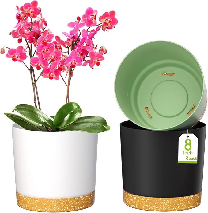ZMTECH Spring Planters for Indoor Plants Plant Pots &amp Flower Pots Plastic Planter 3 Pack 8 Inch Self Watering with Drainage Hole and Saucer Modern Decorative Indoor Outdoor Dark Gray White Gre