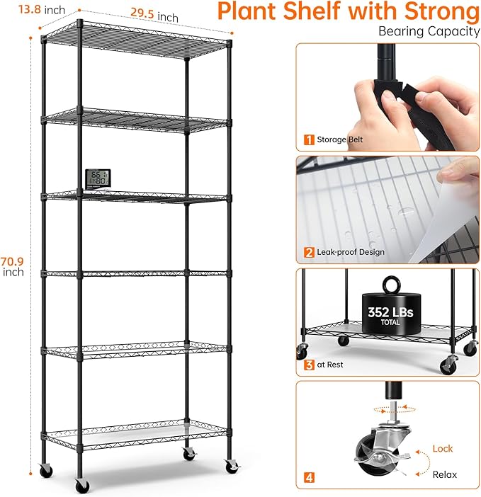 Bstrip Indoor Greenhouse with Grow Light DIY Plant Shelf with Cover 6 Tier Plant Stand 5 Pack 150W Full Spectrum Grow Lights with 3 Color Mode For Indoor Plants Seed Starting 29.5L×13.8W×71H