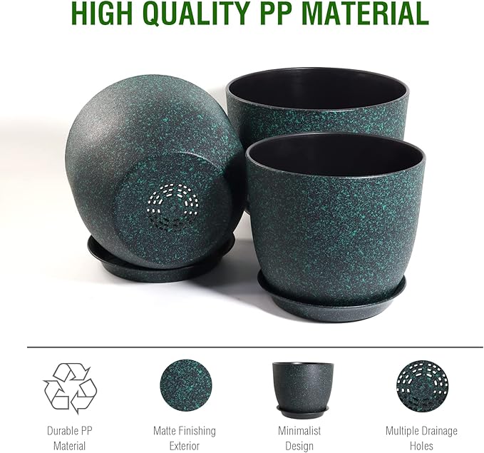 WOUSIWER Plant Pots 10/9/8 inch Set of 3 Modern Decorative Plastic Planters with Drainage Holes and Saucers for House Plants Indoor Flowers Plants Black with Green Speckles