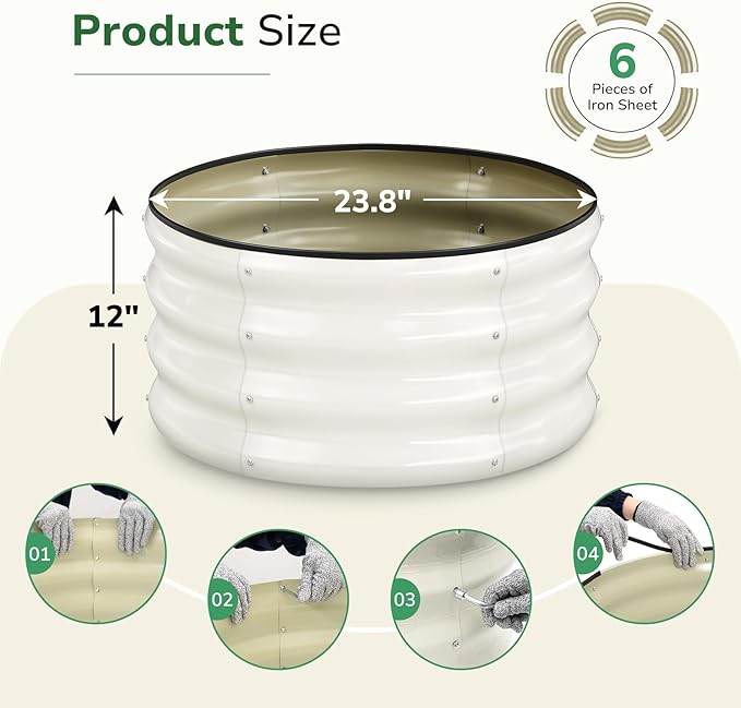 GreatBuddy 2x2x1 ft Round Galvanized Raised Garden Bed Easy-Assembly Raised Bed with Anti-Cut Gloves &amp Tools Rust-Proof Garden Bed for Outdoor Vegetables Herbs Small Trees White