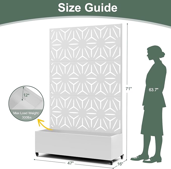 Metal Planters Box with Trellis &amp Privacy Screen for Patio Large Raised Garden Beds with Drainage Holes &amp Wheels 47 L×16 W×71 H Standing Flower Beds with Trellis (White Star)