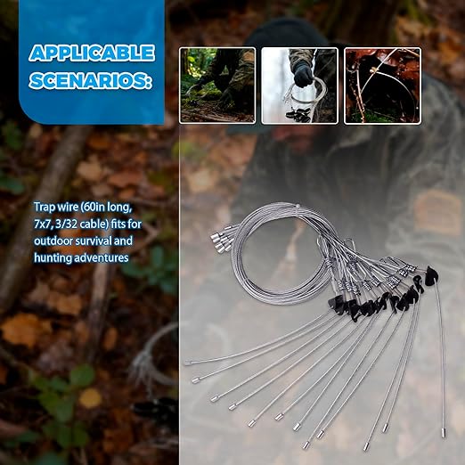 12Pcs Trap Wire (60in Long 7x7 3/32 Cable) Fits for Outdoor Survival and Hunting Adventures Easy to Carry