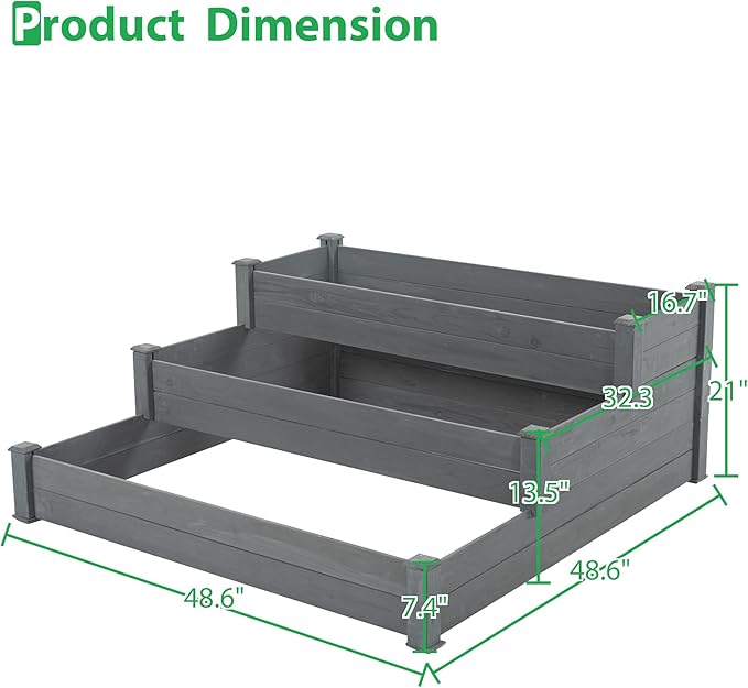 GERRIT 48.6 x 48.6 x 21inch 3 Tier Raised Garden Bed Horticulture Outdoor Elevated Flower Box Wooden Tiered Garden Bed Vegetables Growing Planter for Backyard/Patio/Gardener (Grey)