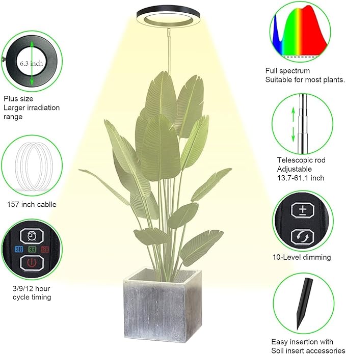 FILFEEL 10W Plant Grow Light Full Spectrum Sunlight 3/9/12 Hour Timer 10-Level Dimming for Large Potted Plants (White 72 Beads)