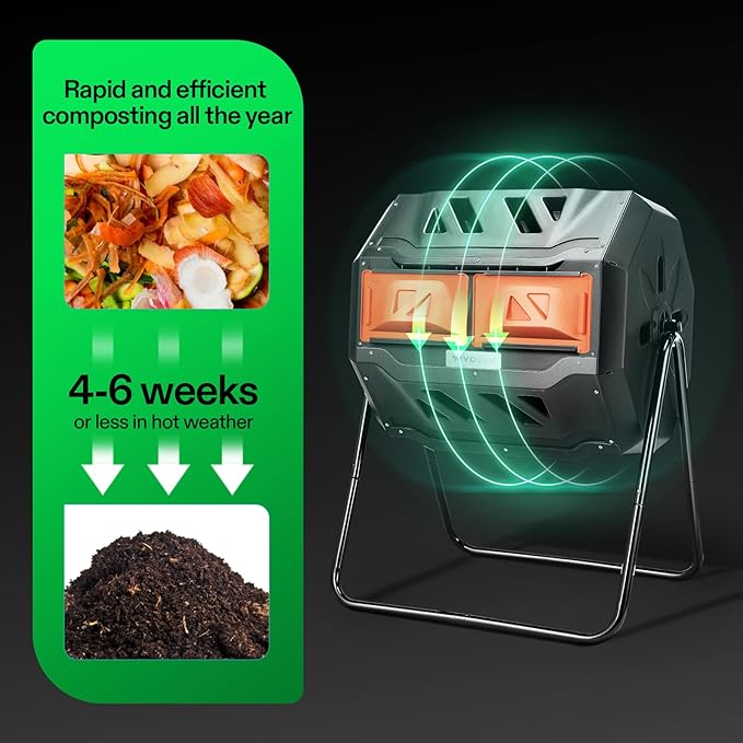 VIVOSUN Outdoor Tumbling Composter Dual Rotating Batch Compost Bin 43 Gallon Orange Door