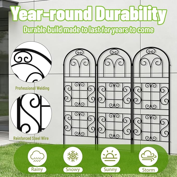 Garden Trellis for Climbing Plants 3 Pack 38 Wx 64.6 H Rustproof Flower Trellis with Black Coating Outdoor Climbing Rose Trellis Cucumbers Support for Courtyards Lawns (Curved Shape 3 Pieces)