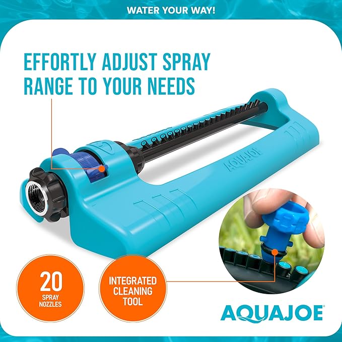 Aqua Joe SJI-OMS20 Jumbo Oscillating Sprinkler with Adjustable Spray and Metal Base Up to 4400-Square-Foot Coverage 70-Foot Spray Distance 63-Foot Spray Width