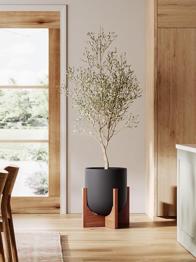 LE TAUCI 10 Inch Plant Pot with Acacia Wood Stand Ceramic Planters for Indoor Plants Plant Pots Indoor for Home Decor Mid-Century Modern Pots for Plants with Drainage Hole and Plug Charcoal Gray
