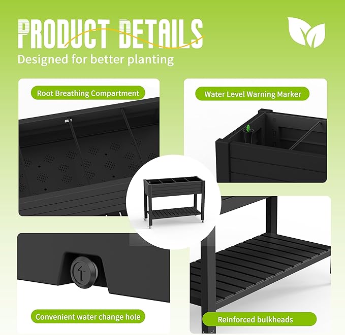 EasyUp 21 Gallon Raised Garden Bed with Legs and Wheels Raised Planter Box with Drainage Plug and Gauge Lower Shelf for Tools and Accessories Dust-Proof Resin for Patio and Backyard(Black)