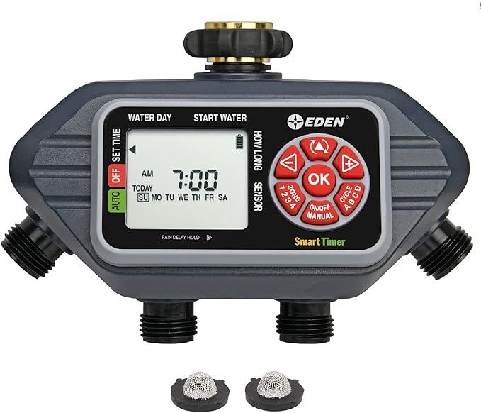 Eden 93413 Programmable Digital Water Timer 4-Zone Compatible with Wireless Soil Moisture Sensor
