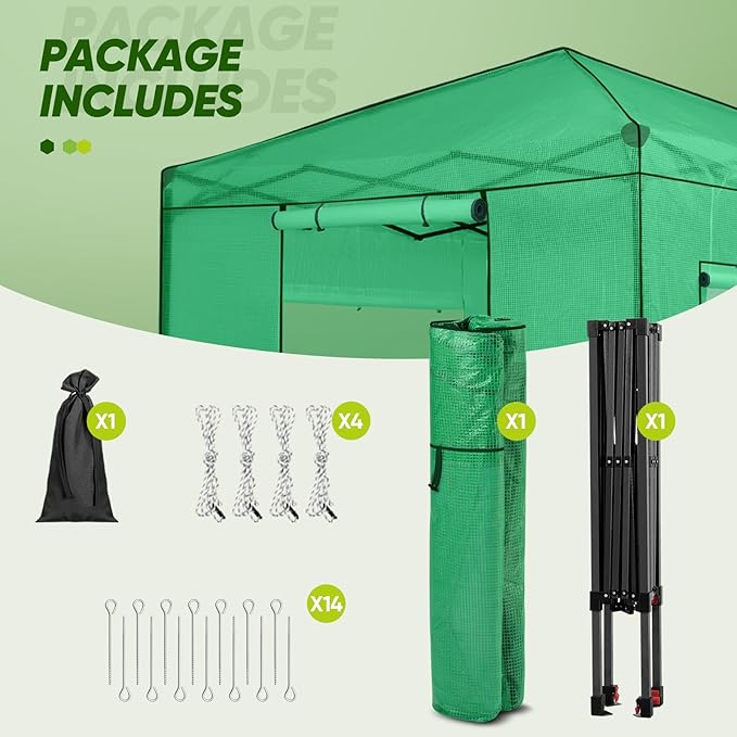 EAGLE PEAK 8x8 Portable Walk in Greenhouse Pop Up Indoor Outdoor Greenhouse Green House Kit with Zippered Roll-Up Doors and Windows PE Cover Clear/Green